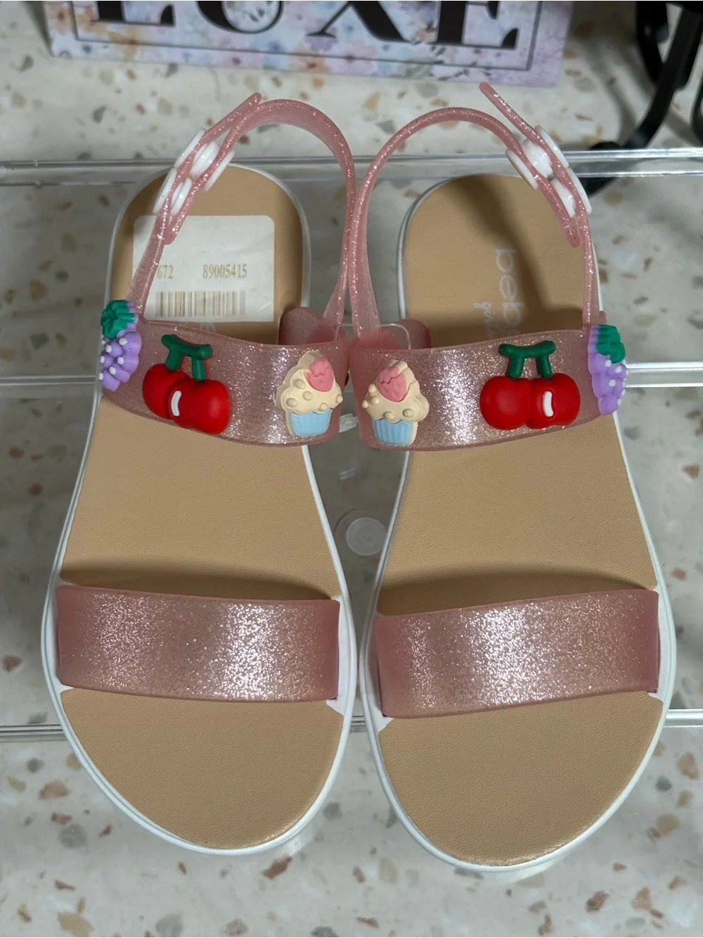 Bebe Girls Glitter Toddler Jelly Sandals with 3D Charms 🍒🍇🧁- Size S 11-12